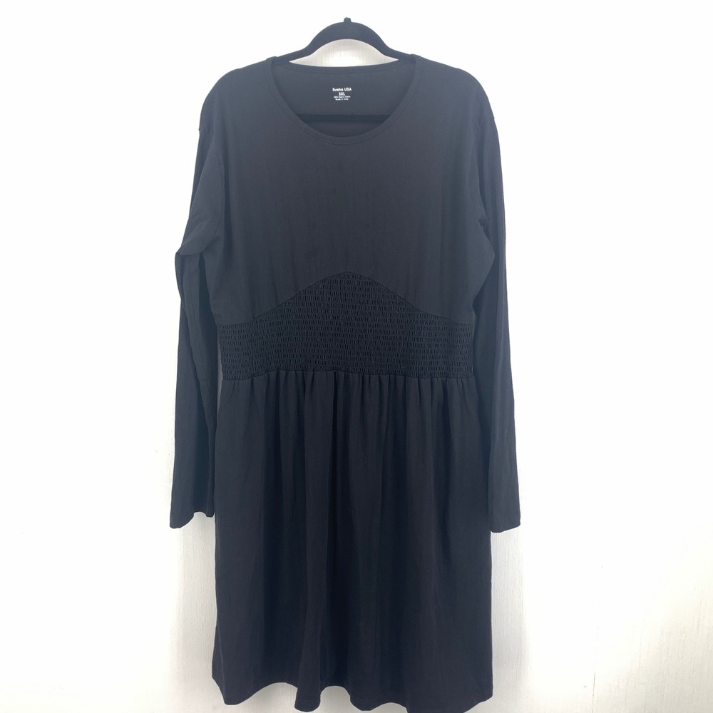 Svaha USA Black Organic Cotton Long Sleeve Smocked Pocket Dress 3XL Lagenlook